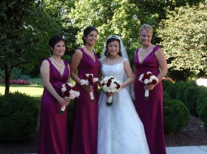 Four brides with different makeup looks with flowers and dresses