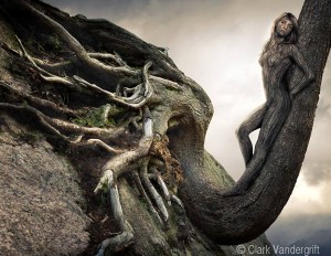 Women blends into large tree through body painting by Jen Seidel